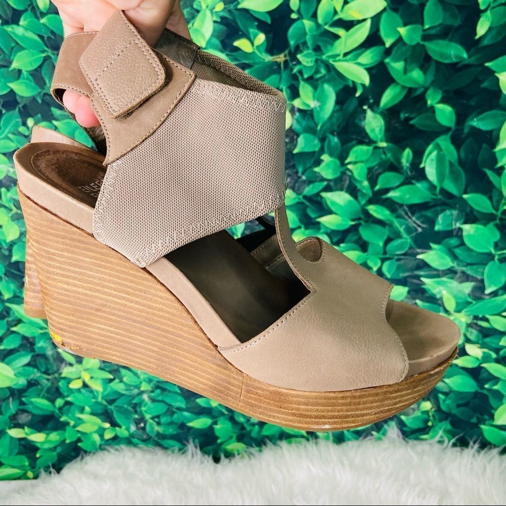 Wedge Sandal in Taupe with Velcro Ankle Strap